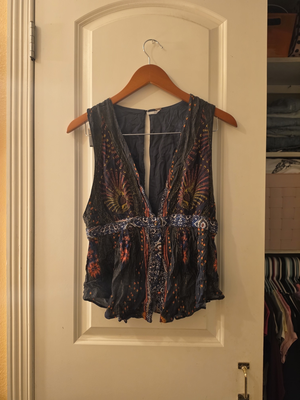 Free People Navy Peplum Crop Top with Orange & Yellow Accents